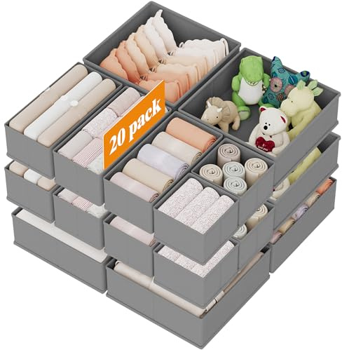 XIVIRACK 20 Pack Drawer Organizer for Clothes, Underwear Drawer Organizer Bins, Foldable Fabric Closet Storage Organizers, Drawer Dividers for Bras Undies Socks Ties, Grey