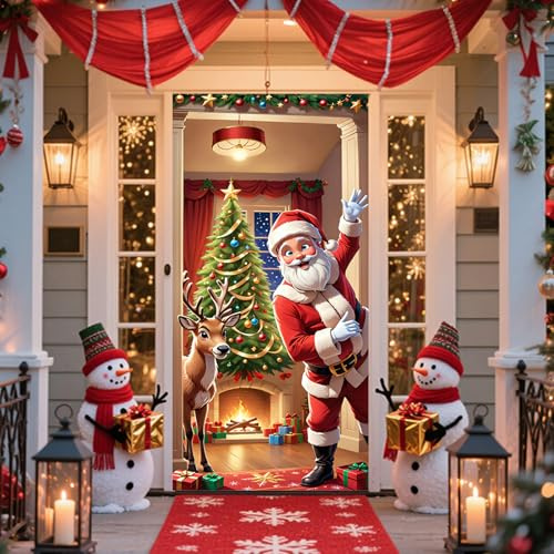 Tyanlenr Decoración de Cubierta de Puerta de Navidad 200 x 90 CM, Cubrepuertas de Papá Noel con 4 Tiras de Cierre de Gancho y Bucle, Decoracion Pancarta Navidad Puerta para Exterior y Interior