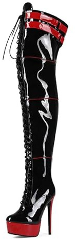 Veelau Meieer Women's Boots Platform Stiletto Overknees Lace-Up Boots High Heels Boots with Straps, Black-red, 5 UK
