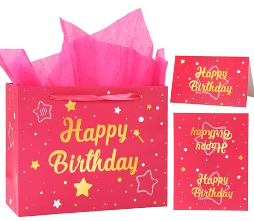 Bolsas Regalo Grandes, 33×12×26cm Rosa Bolsa Regalo con Asa, Tarjetas de Felicitación, Papel de Seda, Exquisita Bolsas de Papel para Envoltura de Regalos Cumpleaños Regalos Sorpresa (Rosa Estrellado)