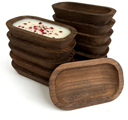 ODJVM 12 Pack Wooden Dough Bowls for Candle Making Bulk, 9.5 x 5.5 Hand-Carved Vintage Rustic Wood Bowls, Decorative Bread Bowl for Wedding Centerpiece and DIY Farmhouse Home Crafts, Dark Brown