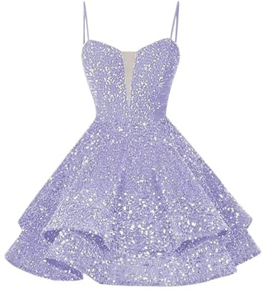 Lentejuelas Vestido de Noche Mujer Vestido Corto Con Tirantes Para Fiesta De Fiesta Formal Ocasiones, Color lila claro., 14