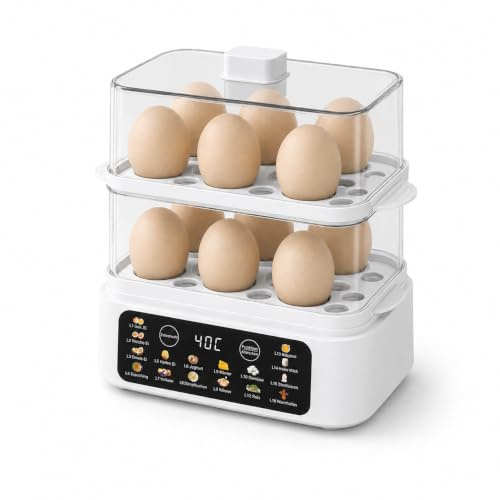 FLOWCASA Eierkocher 12 Eier, 2 Ebenen, Dampfgarer 2,5L, 16 Programme, Weiß | 300W mit Edelstahl-Dämpfschale, Touch-Bedienung und Warmhaltefunktion für Eier, Gemüse, Reis, Joghurt und Babynahrung.
