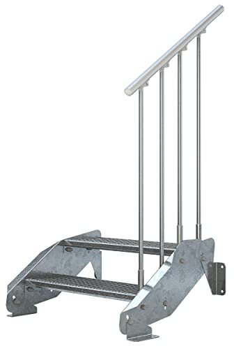 Außentreppe 2 Stufen 80 cm Laufbreite – einseitiges Geländer rechts - Anstellhöhe 29 cm bis 44 cm - Gitterroststufe ST3 - feuerverzinkte Stahltreppe 800 mm Stufenlänge - montagefertiger Bausatz