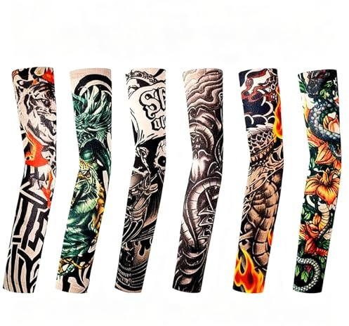 6 manicotti effetto tatuaggio, per body art, protezione solare (C)