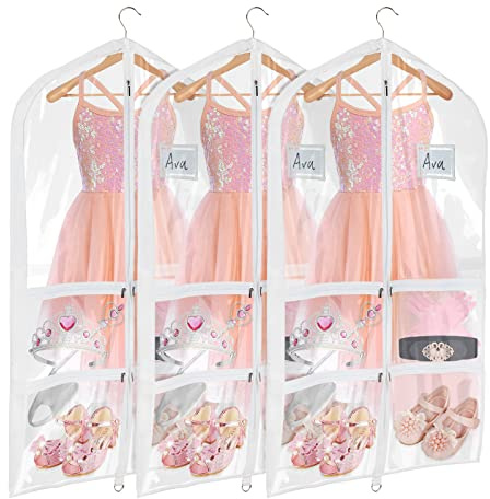 Univivi Clear PVC Dance Costume Bags (3 Pack) Garment Bag 40 Inch for Dance Competitions, with 4 Medium Clear Zipper Pockets and 1 Large Back Zippered Pocket [Upgraded Version]