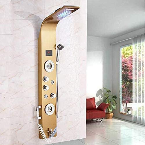 LED Luxus Duschpaneel elegant aus rostfreiem Edelstahl mit Bidet Funktion, Wanneneinlauf, Temperaturanzeige und 2 Massagefunktionen Farbe: Golden