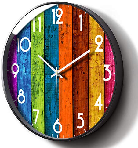 SCOAGE 12'' Rainbow Colorful Wood Plank Wall Clock, Silent Non-Ticking Battery Operated Analog Clock with Large Easy to Read Numbers for Kids Room, Classroom, Kitchen, Living Room Decor