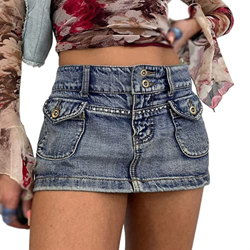 Sawmew Falda de Mezclilla para Mujer Y2K Falda de Mezclilla de Cintura Alta Jeans Mini Falda con Botones Minifalda Plisada Micro Falda Sexy de Verano Falda Lápiz E-Girl Streetwear