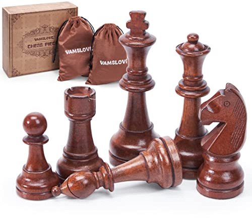 Vamslove Wooden Chess Pieces Large 4.5'' King Set of 32 Luxury Staunton Wood Chessmen for Chess Game Board (Chess Pieces Only), Velvet Storage Bags Included