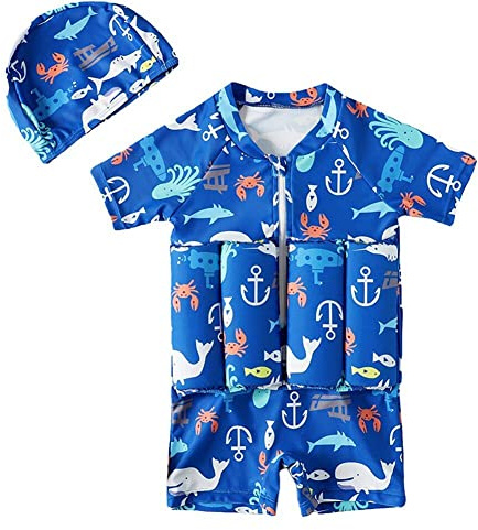 Kids Float Swimsuit with Cap, Baby One Piece Floating Swimwear with Buoyancy Sticks Toddler Learn to Swim Training Aid Bathing Suit Swimming Costume