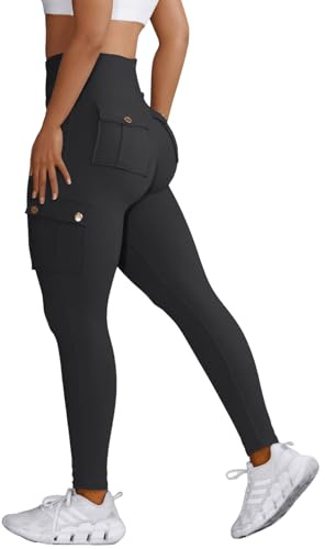 Nuofengkudu Cargo Leggings Womens with Pockets High Waisted Tummy Control Soft Fitness Gym Workout Combat Sports Opaque Push up Athletic Running Ladies Stretch Yoga Pants Y- Black XL