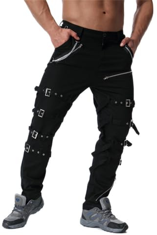 Idopy - Pantalones Steampunk Góticos para Hombre, Estilo Hip Hop, Punk, Rock, con Cadena, Negro, M