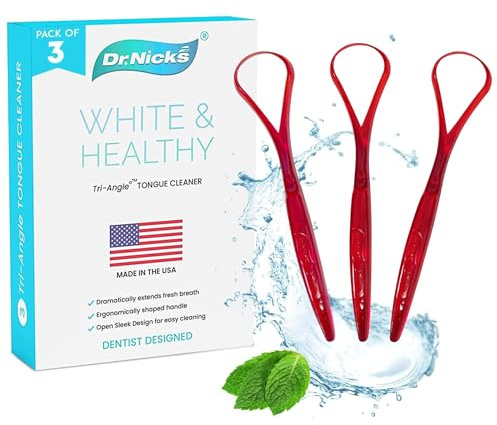 Tongue Scraper (3 pack)(Red) - 100% BPA Free - Dentist Designed for Fresh Breath - Dr. Nick’s White & Healthy Easy to Use Plastic Tongue Cleaner for Adults