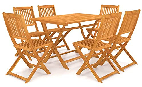 ZEYUAN 7-TLG. Garten-Essgruppe, Gartentisch Mit Stühlen Set, Gartenmöbel Set, Sitzgarnitur Garten, Esstisch Stühle Set, Gartensitzgruppe, Klappbar Massivholz Akazie