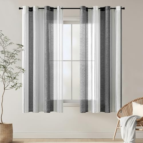 EMEMA Tende a righe trasparenti con occhielli Tende in voile Soggiorno moderno Set di 2 tende Camera da letto Trasparente con motivo Tenda a righe semitrasparente 140 x 160cm Bianche e Grigie