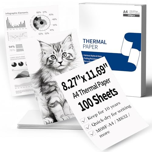 A4 Thermopapier - 8.27 x 11.69 (210mm x 297mm) Schnell Trocknendes Druckpapier, Kompatibel mit Phomemo M08F-A4 M832 M831 M833 M834 M835 Q301 Q302 Thermodrucker für Dokumente Verträge, 100 Blatt