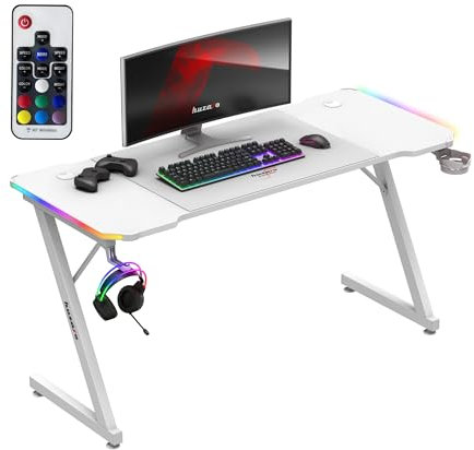 huzaro Hero 3.3 RVB | Bureau PC Gaming | Eclairage LED | Tapis de Souris | Crochet Casque et Porte-gobelet | Organisateur de câbles | Plateau 140 x 60cm | Ergonomique | Solide et Stable | Blanc