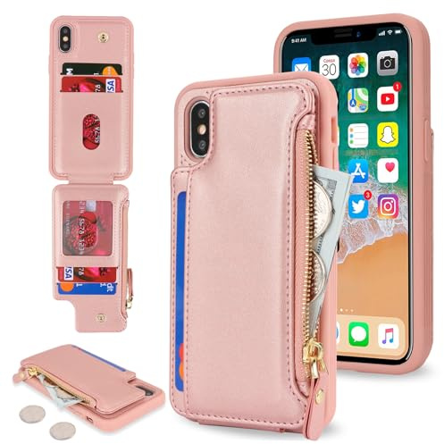 SailorTech för iPhone X telefonfodral med kreditkortshållare för män, iPhone XS fodral med kreditkortsfack, plånbok med dragkedja för kvinnor – roséguld