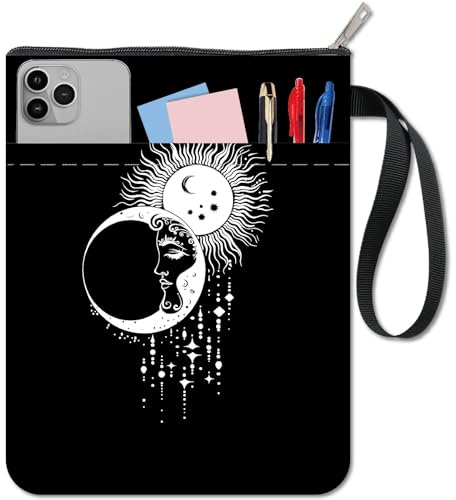 CRASPIRE Funda de Libro Negra con Diseño de Sol Luna Y Estrellas Protector de Libros de Bolsillo Funda de Tela Lavable con Cremallera Y Bolsillo Adicional para Amantes los Libros Regalos para