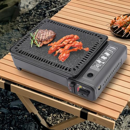 JDBDU Camping Grillset Tragbarer Camping Gasgrill mit Grillnetz und Backblech Outdoor BBQ Butan LPG Camping Grill mit Transportkoffer für Reisen Trekking Kochen