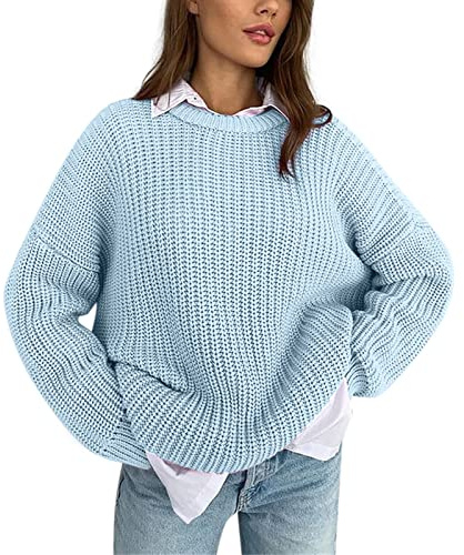 Pull Femme Chic et Elegant Large Casual Pull Grosse Maille Hiver Chaud Oversize Basic Pullover tricoté Doux et Confortable Chandail Manche Longue Thermal Quotidien Ideal Pull-Over (BU2, M)