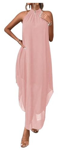Verdusa Women's Wedding Guest Dress Halter Flowy Chiffon Asymmetrical Long Summer Prom Dress Light Pink Small