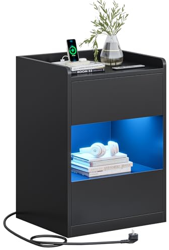 AOGLLATI Nachttisch mit LED-Beleuchtung und Ladestation, Nachtschrank mit 2 Schubladen und 1 Fach Beistelltisch mit Steckdosen Sofatisch für Schlafzimmer, Wohnzimmer 40x35x60cm (1, Schwarz)