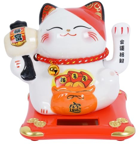 Lucky Cat Waving Arm 4 Inch, Good Lucky Fortune Cat Maneki Neko Chinese Cat Statue Moving Arm, Solar Power Waving Cat Decorations for Home,Office, Shop,Desk, Car, Business Openings (Wealth Surge)