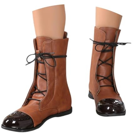 PAIDAXING Stivali da donna UK vintage con lacci a metà polpaccio stile corte stivali da cavaliere in ecopelle scarpe basse da donna autunno inverno Retrio Outdoor stivaletti per cosplay, Marrone, 40