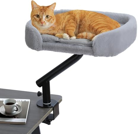 PAWZ Road Kattsäng för skrivbord med interaktiv plyschboll, kattkorg, 360° vridbar kattsängstativ, katthängmatta för klösning, kattsäng, stöder upp till 22,5 kg, grå