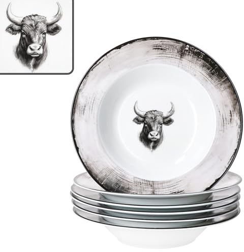 MamboCat Set di 6 piatti fondi Toro I 200 ml I piatti in porcellana bianca e rosa con motivo mucca per 6 persone, piatti profondi in stile rustico per insalata, zuppa, cereali, pasta & Co.
