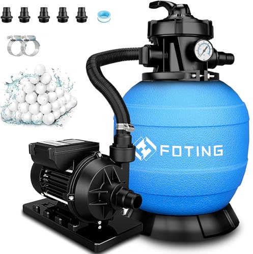 FOTING Système de Filtre à Sable pour Piscine 11 500 L/h (11,5 m³/h) INCL. 200 g de Billes Filtrantes, Filtre de Piscine avec Vanne 7 Voies, Minuterie 24 h, Adaptateur 2-en-1 Ø32–38 mm