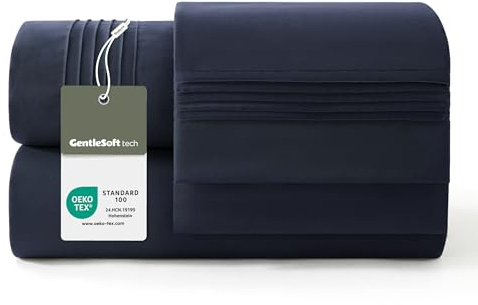 Bedsure Juego de Sabanas 150x200 - 4 Piezas Microfibra de Poliéster Transpirable y de Secado Rápido - OEKO TEX - Sábana Bajera, Sábana Plana y 2 Fundas de Almohada 50x75, Para Cama 150, Azul Marino