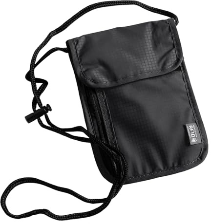 Quelcc Pochette Tour de Cou Voyage, Sac de Passeport pour Homme et Femme avec Bandoulière Réglable, Sac de Cou pour Documents avec Protection RFID pour Argent Billet Cartes Clés Éléphone(Noir)