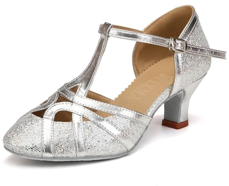 YKXLM Chaussures de Danse Latine Femme Standard Salsa Bachata Paillettes Bout Fermé Chaussures Danse Tango de Salon,Talon 5 cm,Argent,EU 39