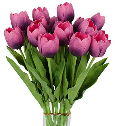 cn-Knight 12 tulipanes artificiales de tallo largo de 50 cm de largo, tulipán de tacto real para bricolaje, ramo de novia, decoración del hogar, centros de mesa (morado rosado)