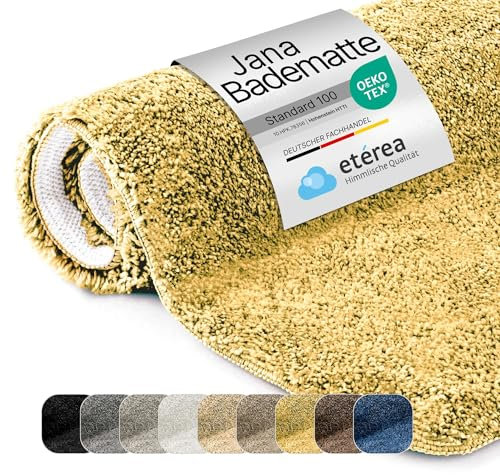 etérea Badematte rutschfest 80x50 cm waschbar - Bad Duschvorleger Hochflor - Bathroom Mat - Badteppich Waschmaschine Flauschig Schwer - Badläufer Teppich 50x80cm - Jana Badematte Gold
