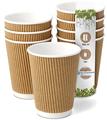 GREENBOX 25 stycken räfflade muggar To Go pappersmuggar av brun kraftkartong I miljövänlig kaffe engångs organisk otryckt 300 ml/12 oz I 100% biologiskt nedbrytbar, komposterbar