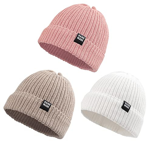 Pesaat Gorro de Punto cálido de Invierno para bebés o niños, Gorro de Punto Acanalado, para niños y niñas de 0 a 5 años (Blanco+Rosa+Beige, 6 a 24 Meses)