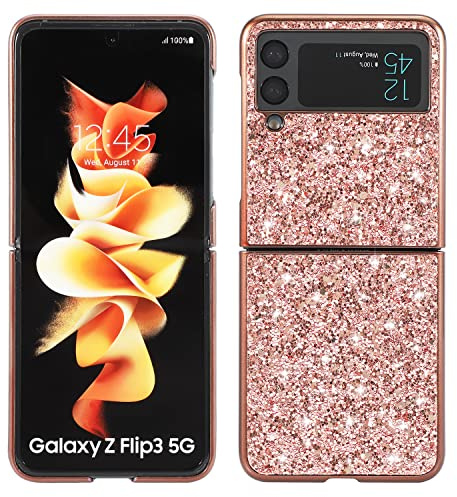 TOOBY Cover per Samsung Galaxy Z Flip 3 5G Custodia con Glitter Bling Scintillante Brillantini [Tre Strati] per Donna [Supporta la Ricarica Wireless] per Samsung Galaxy Z Flip 3 5G (ROSE)
