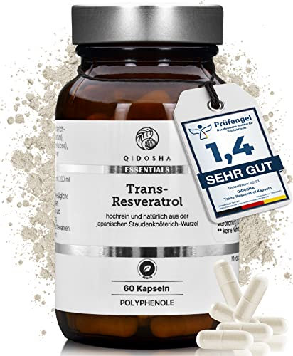 QIDOSHA® Resveratrol Kapseln, mit SEHR GUT bewertet, Trans-Resveratrol hochdosiert mit Piperin für erhöhte Bioverfügbarkeit, 500 mg je Kapsel, 100% pflanzlich aus Japan. Staudenknöterich