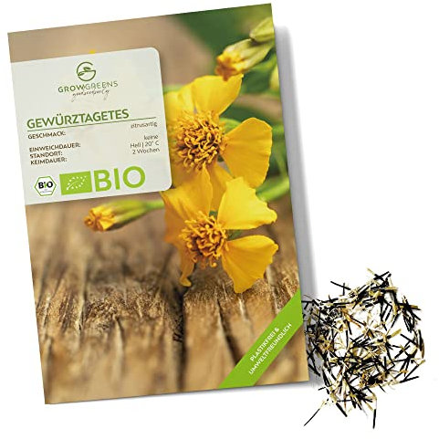 BIO Gewürztagetes Samen - Tagetes Saatgut aus biologischem Anbau - Vielseitige Heilpflanze mit essbaren Blüten & ideal für eine bunte Blumenwiese (100 Korn)
