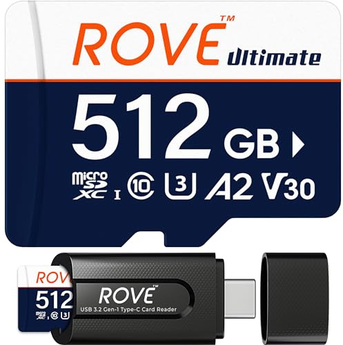 ROVE Ultimate Micro SD-kort microSDXC 512 GB minneskort med USB 3.2 typ C kortläsare 170 MB/s C10, U3, V30, 4K, A2 för Dash Cam, Android-smarttelefoner, surfplattor, spel