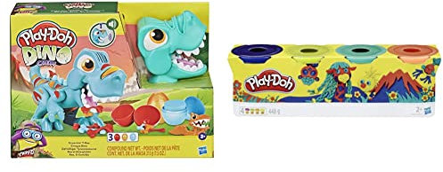 Play-Doh Dino Crew Gefräßiger Tyrannosaurus mit lustigen Dinogeräuschen und 3 Eiern à 70 g & E4867ES0 4er Pack WILD, Knete für fantasievolles und kreatives Spielen