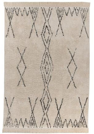 Qiyano Alena Boho Teppich Creme Schwarz 200 x 290 cm, Flauschiger Hochflor Teppich aus Baumwolle, Wohnzimmer & Schlafzimmer, Strapazierfähig, Florhöhe ca. 15 mm