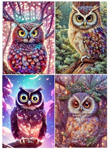 DCIDBEI 3D AI Diamond Painting Lot de 4 kits 30x40 cm Peinture par Numéros Hibou Chouette 5D Diamant Painting Hiboux Enfants Kit de Bricolage Adultes Peinture Numero Adulte Animaux Mosaïque Images