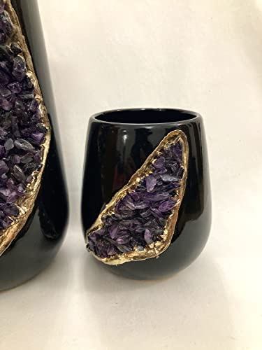 Black and Gold Ceramic Vase/Planter/Pot/Wine Goblet/Mug with Amethyst Semi - Precious Agate Crystal Gemstones |Both(Small & Large), (Gold - Finish)