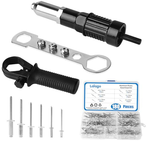 LALAGO Pinze per rivetti con 180 pezzi di rivetti ciechi, adattatore per rivetti per trapano avvitatore a batteria, adattatore elettrico per rivetti ciechi, kit di adattatori con 6 misure Pop rivetti