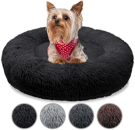 bluzelle Panier pour Petits Chiens & Chats, 50cm Orthopédique Oreiller Memoire Forme Dehoussable Lavable, Donut Rond Coussin Chat Lit Chien Fausse Fourrure, Couleur:Noir
